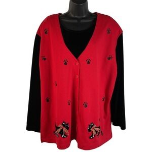 Maggie Barnes Velvet Sleeves Top Women's Plus 2X Red Black Scottie Dogs Vintage